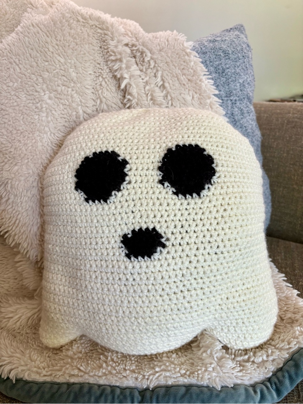 Crocheted Ghost Pillow - Cream with Black Eyes